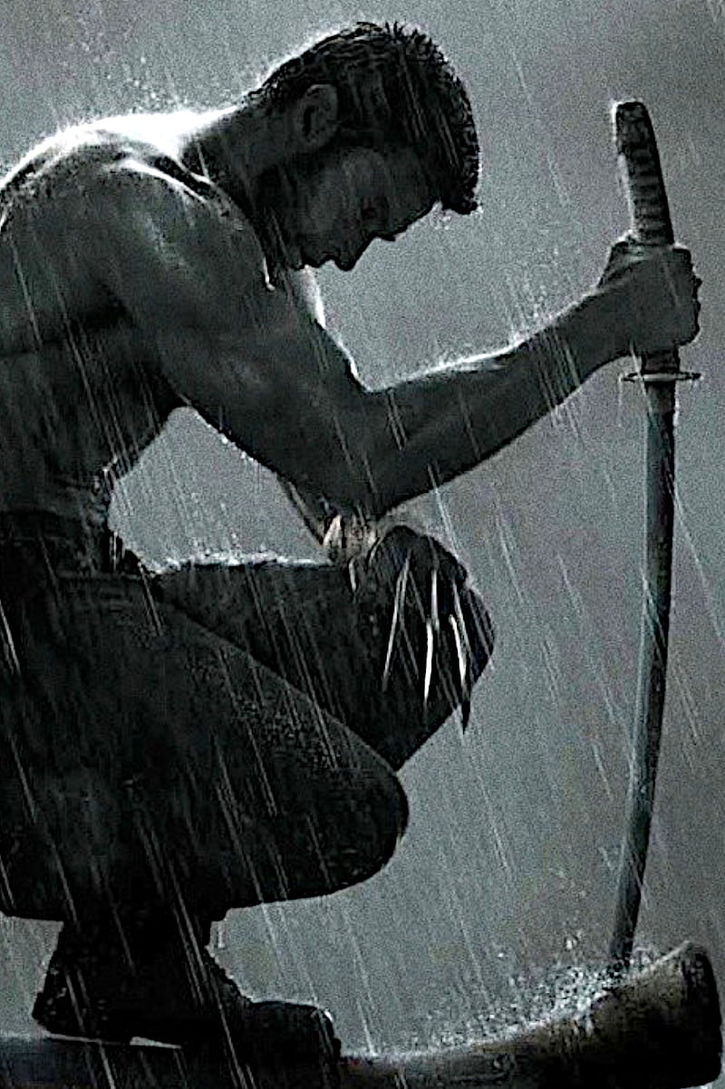 Wolverine, claws, rain, sword, weapon, x men, HD phone wallpaper