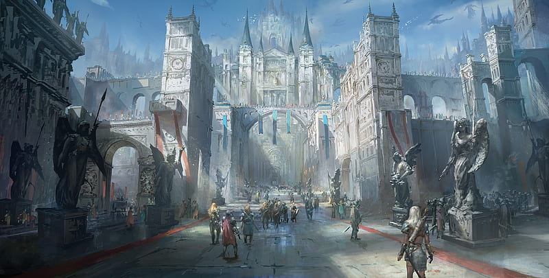 Castle, fantasy, dong jianhua, art, luminos, blue, HD wallpaper