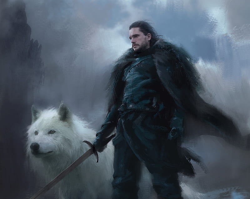 Jon Snow, art, game of thrones, Kit Harington, black, man, fantasy, ghost, lius, crow, wolf, white, lasahido, HD wallpaper