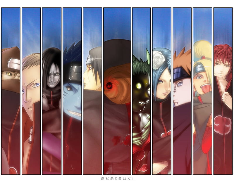 Akatsuki Members, naruto, akamaru, guy, sasuke, kyuubi the nine tailed fox, shukaku, konohamaru, iruka, ten ten, temari, neji, zabuza, rock lee, ninja, sakura, kiba, shino, haku, gaara, tsunade, kunai knives, hokage, kakashi, shikamaru, hinata, itatchi, HD wallpaper