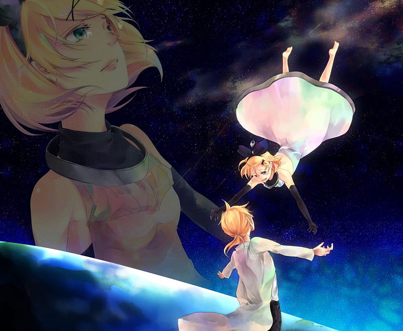 ~Catch Me~, vocaloid, stars, romance, falling, catching, sky, rin and len kagamine, crying, anime, tears, HD wallpaper