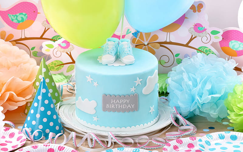 Happy Birtay blue cake, congratulations, decoration, inflatable balls, cake for boy, HD wallpaper