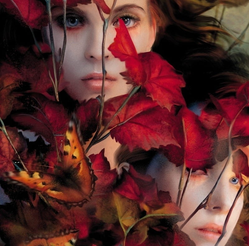 Autumn, art, red, fantasy, bente schlick, girl, face, leaf, luminos, HD wallpaper