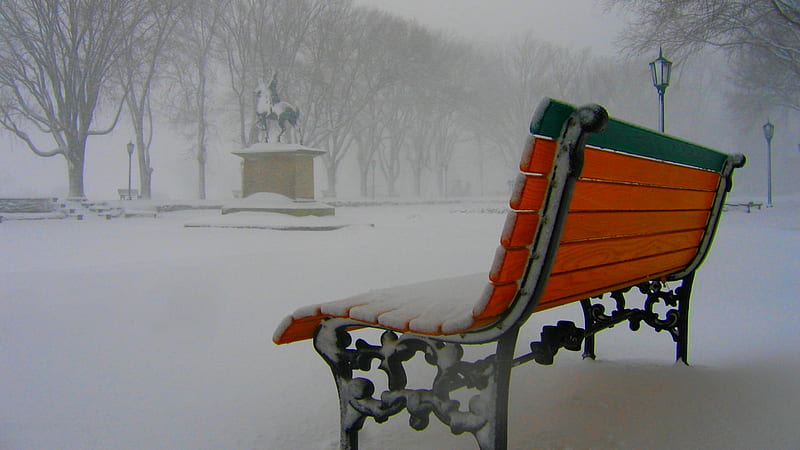 SNOW FALL, statue, snow, bench, ice, lamp post, winter, HD wallpaper