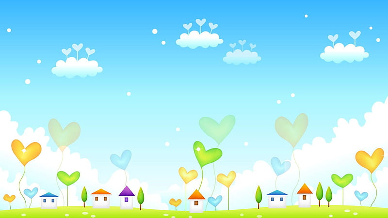 Colorful Hearts House Blue Sky Trees Kids, HD wallpaper
