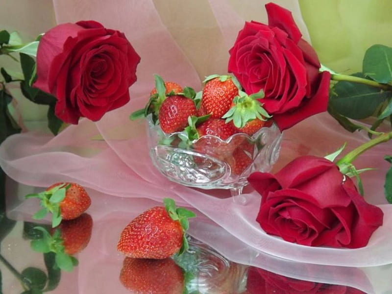 Still life, red, strawberries, roses, bowl, HD wallpaper