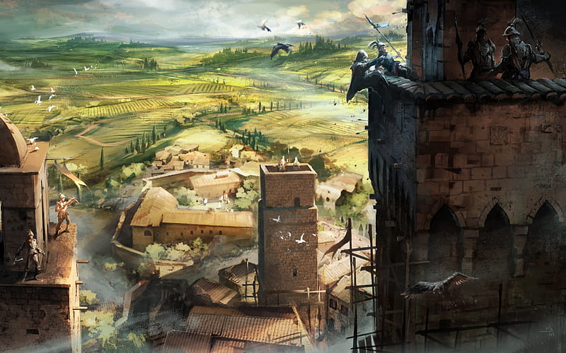 ezio, climbing, castle, rooftop, artwork, assassin's creed, Games, HD wallpaper
