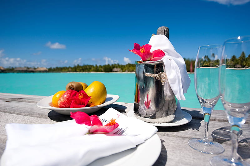 Champagne Breakfast in Bora Bora Tahiti, polynesia, hibiscus, glasses, eat, sea, atoll, beach, lagoon, bora bora, sand, flowers, drink, blue, exotic, islands, food, ocean, breakfast, paradise, coffee, island, champagne, tahiti, tropical, HD wallpaper
