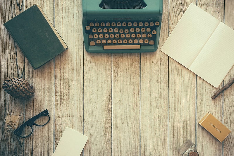 Typewriter, glasses, notebook, flat, HD wallpaper