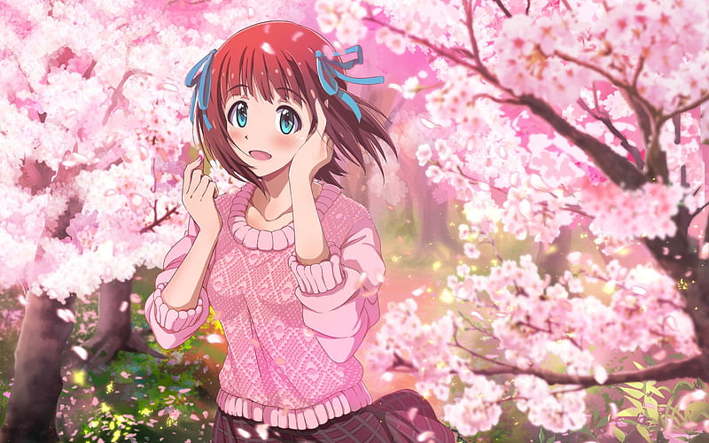 Amami Haruka, spring, anime characters, sakura, The Idolmaster, HD wallpaper
