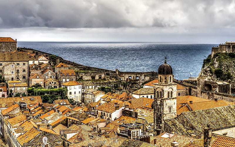 Dubrovnik, r, urban skyline, Adriatic Sea, Mediterranean Sea, cloudy weather, Croatia, HD wallpaper