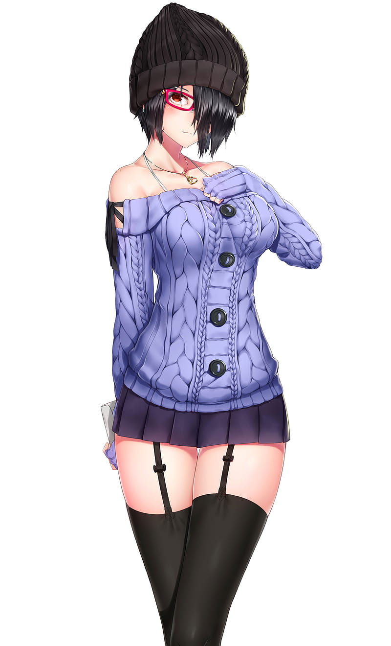 anime girls, simple background, sweater, glasses, miniskirt, HD phone wallpaper