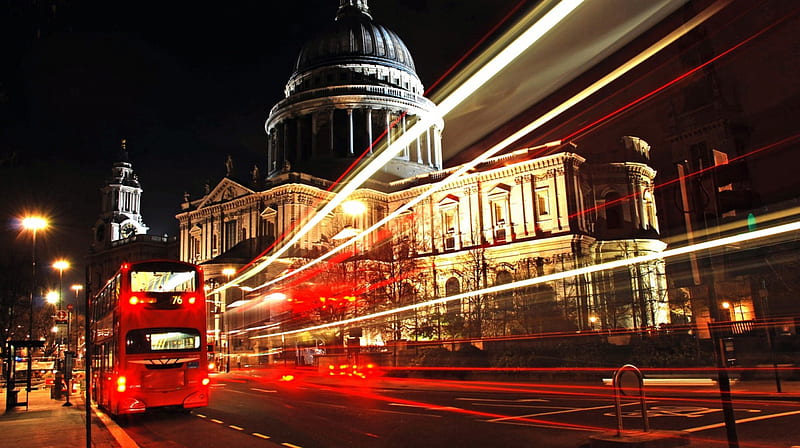 london bus at night in long exposure, city, long exposure, street, lights, night, bus, HD wallpaper