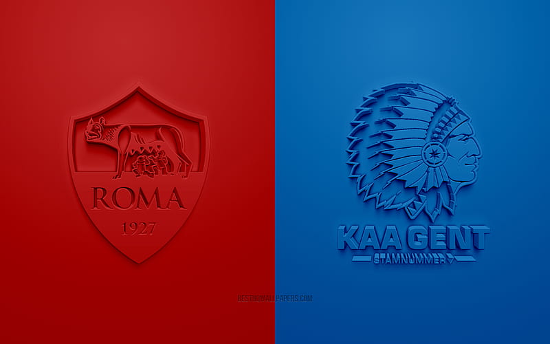 AS Roma vs Gent, UEFA Europa League, 3D logos, promotional materials, red-blue background, Europa League, football match, Gent, AS Roma, HD wallpaper