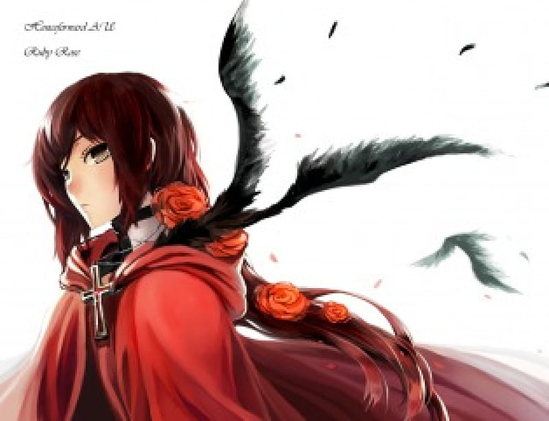 Ruby Rose, pretty, blush, bonito, animal, sweet, red rose, nice, anime, cape, flowers, beauty, anime girl, long hiar, feathers, little red riding hood, female, wings, red hair, rwby, roses, brown eyes, cute, bloodycolor, cool, bird, awesome, cross, HD wallpaper