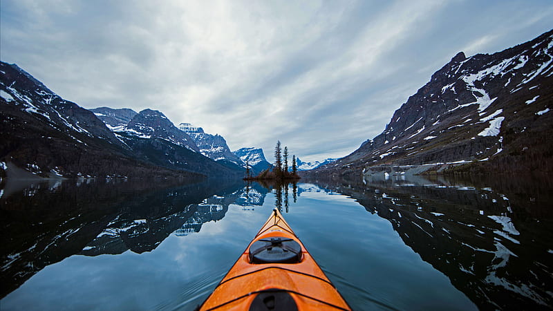 Glacier National Park, Montana, canoe, snow, winter, HD wallpaper