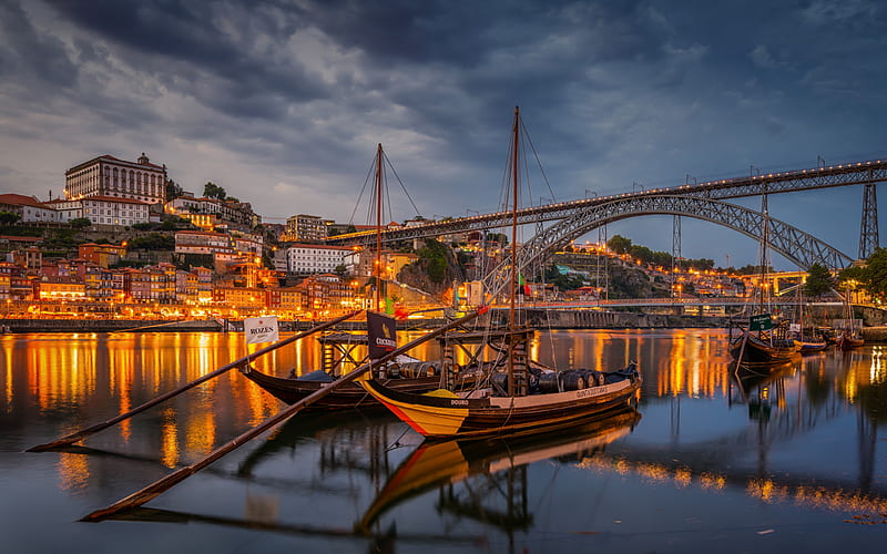 Dom Luis I Bridge, Vila Nova de Gaia, Douro River, evening, sunset, sailboats, bay, Porto, Portugal, HD wallpaper