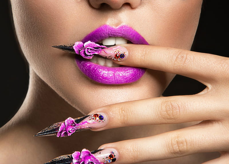 Pink, manicure, hand, nails, lips, woman, HD wallpaper