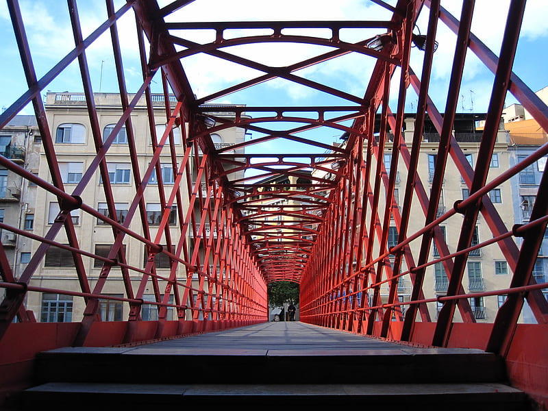Pont de les Peixatereis Velles by Eiffel in Girona Spain, red, graphy, bridge, houses, HD wallpaper