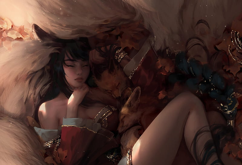 Ahri, nixeuart, art, sleep, fantasy, girl, fox, HD wallpaper