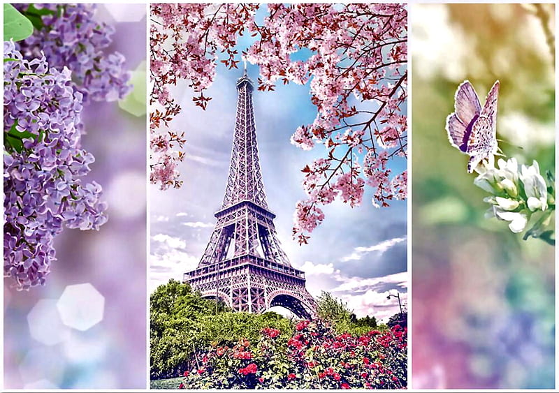 Spring in Paris FC, architecture, art, buttefly, cityscape, France, bonito, spring, illustration, lilacs, artwork, Eiffel Tower, Paris, painting, wide screen, scenery, HD wallpaper