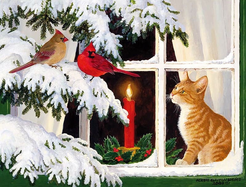 Holiday visitors, christmas, cat, pasari, persis clayton weirs, art, craciun, bird, pisici, painting, pictura, HD wallpaper