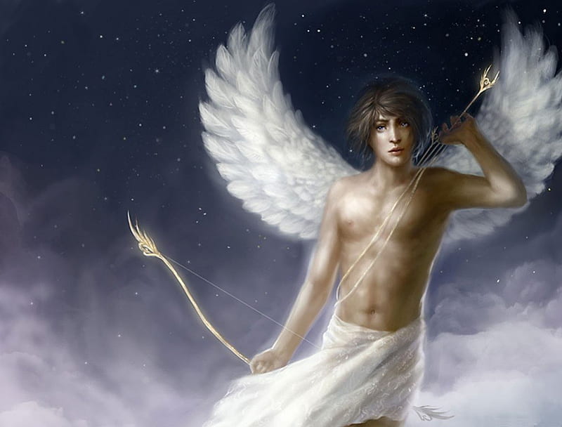 Angel of Love, cupid, angel, man, bow, cupid s bow, light, HD wallpaper