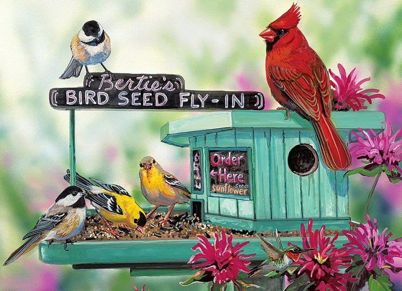 Bertie's Bird Seed Fly-In, pretty, colorful, house, bonito, cardinals, seed, nice, painting, flowers, friends, art, lovely, birds, tree, fly, flying, birdhouse, HD wallpaper
