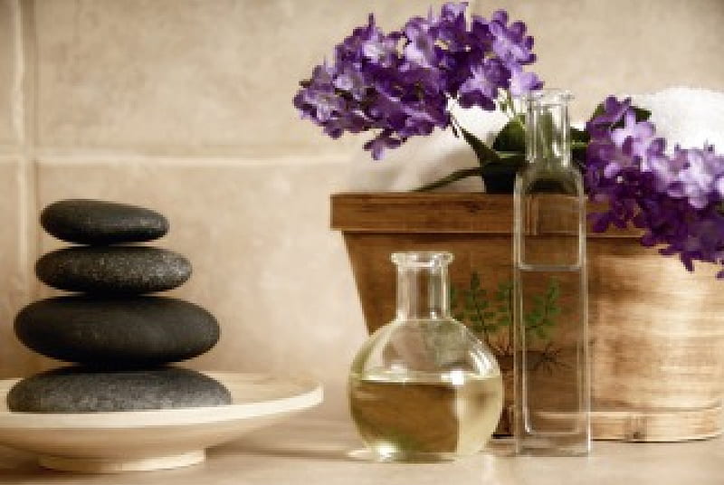 Delight For The Body, aromatic, stones, purple, flowers, black, oils, massage, HD wallpaper