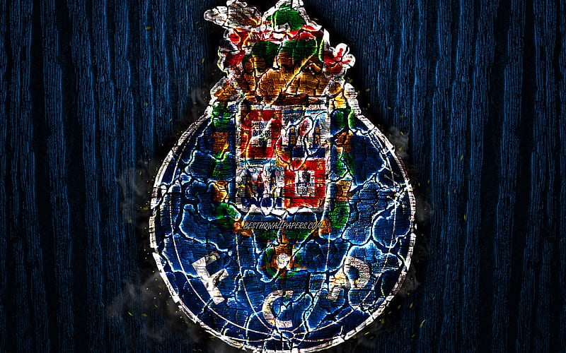 FC Porto, scorched logo, Primeira Liga, blue wooden background, portuguese football club, Porto FC, grunge, football, soccer, Porto logo, fire texture, Portugal, HD wallpaper