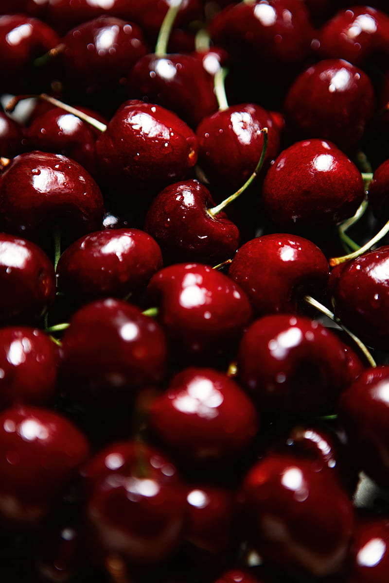 cherries, berries, red, wet, ripe, macro, HD phone wallpaper
