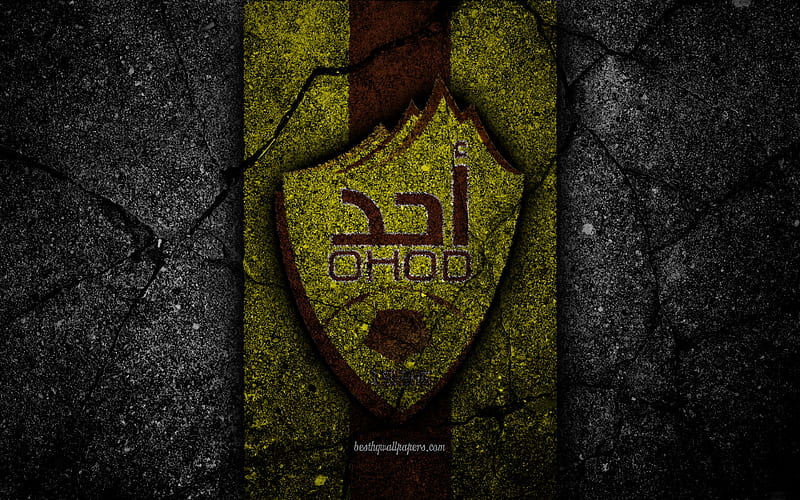 Ohod FC emblem, Saudi Professional League, soccer, asphalt texture, Saudi Arabia, logo, Medina, black stone, football, FC Ohod, HD wallpaper