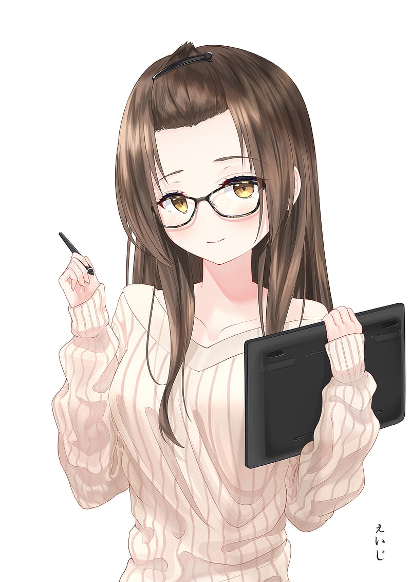 Girl, smile, glasses, pen, anime, HD phone wallpaper | Peakpx