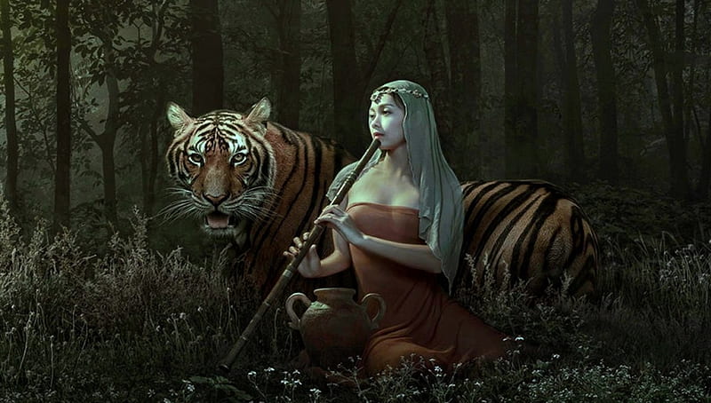 Tiger Flute, CGI, fantasy, 3D, dark, flute, tiger, women, HD wallpaper