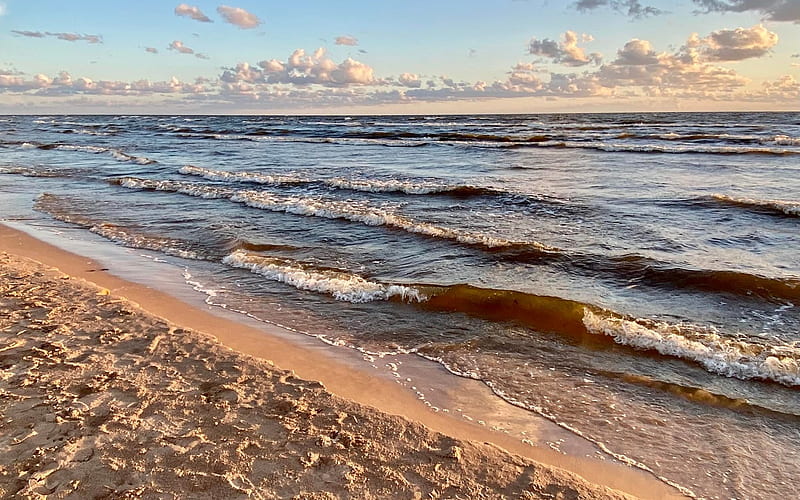 Baltic Sea, Latvia, sea, waves, beach, clouds, HD wallpaper