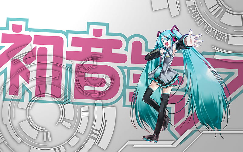 Hatsune Miku, pretty, cg, nice, anime, aqua, beauty, anime girl, vocaloids, art, twintail, skirt, black, miku, singer, sexy, wires, cute, headset, hatsune, cool, digital, awesome, white, idol, artistic, gray, headphones, tie, name, bonito, thighhighs, program, hot, pink, vocaloid, outfit, music, diva, microphone, song, girl, stockings, uniform, virtual, HD wallpaper