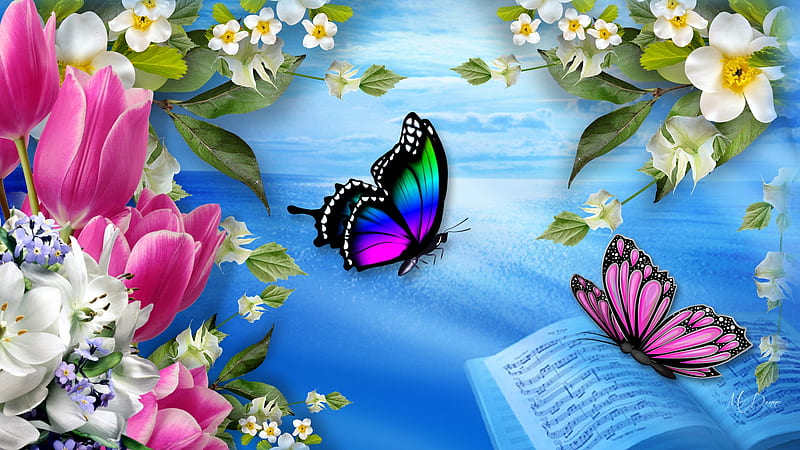 Spring Melody, colorful, music, notes, book, butterflies, spring, lake, sea, water, bright, summer, flowers, tulips, score, Firefox Persona theme, HD wallpaper