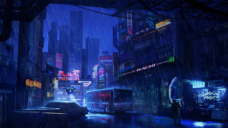 Futuristic City Dark Evening Rain , cyberpunk, future, city, artist, artwork, digital-art, rain, HD wallpaper