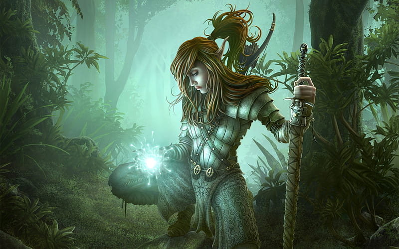 Enchanted huntress, forest, female, glowing, sword, orb, HD wallpaper