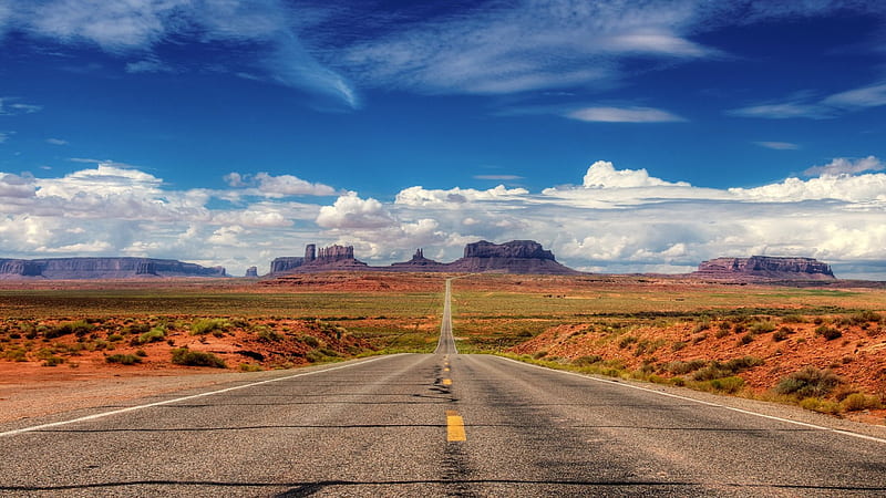 straight highway in the desert, highway, desert, clouds, mesa, HD wallpaper
