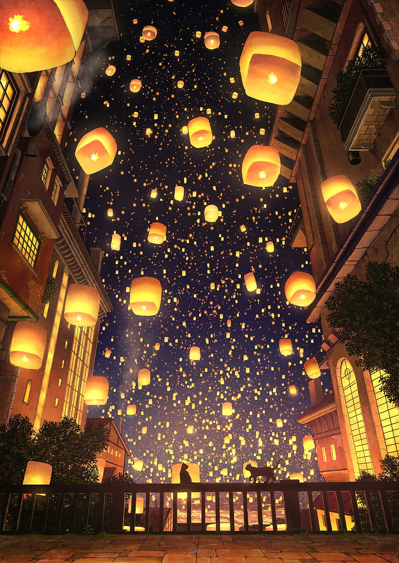 anime festival, lanterns, night, fence, scenic, cats, mood, Anime, HD phone wallpaper