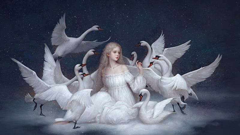 Swan Protector, female, fantasy, cg, girl, digital, woman, swans, art, pretty, HD wallpaper