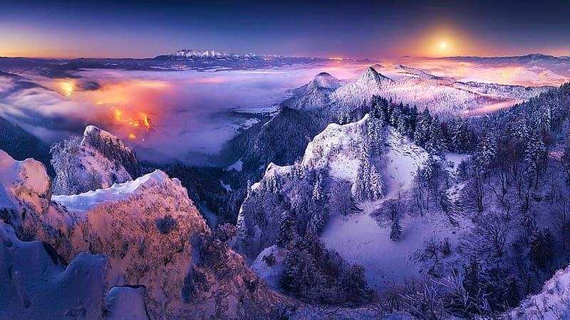 Pieniny Mountains, Poland, sky, sunset, snow, winter, peaks, clouds, HD wallpaper