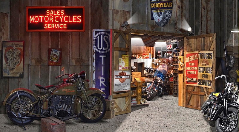 Outside the Motorcycle Shop, repair, harley, motorbikes, shop, neon sign, garage, HD wallpaper