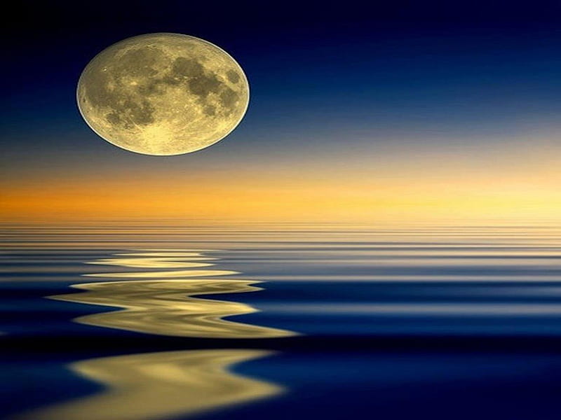 Moonlight, ocean, yellow and blue coloured, yellow, midnight, sky, sea, moon, dark, peaceful, beauty, nature, reflection, night, HD wallpaper
