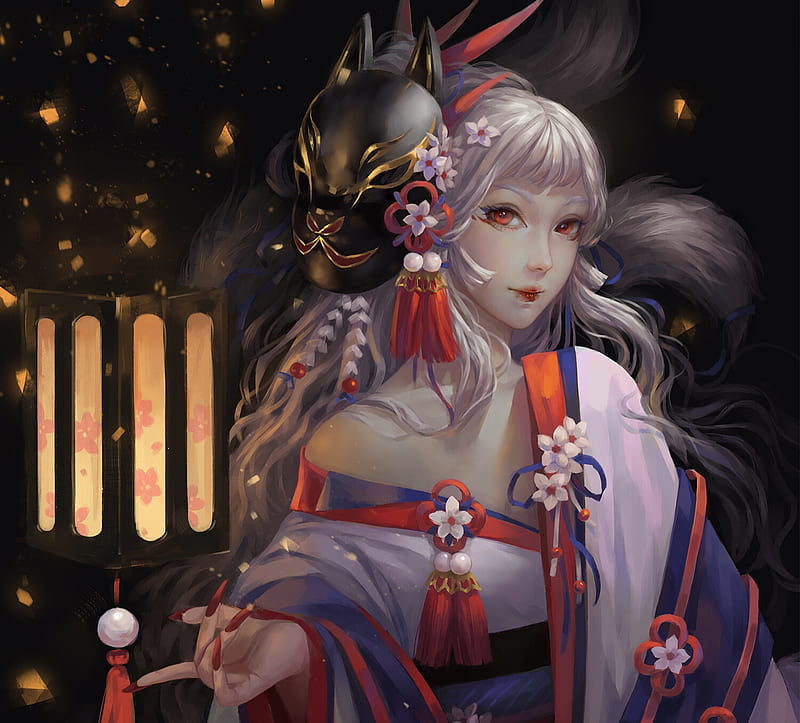 Kitsune, fantasy, lantern, luminos, fox, girl, black, momo art, HD wallpaper