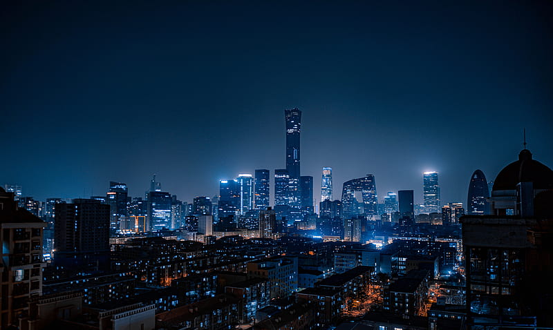 city, aerial view, buildings, night, lights, beijing, china, HD wallpaper