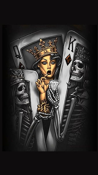 queen and king, cards, diamond, king, poker, queen, skulls, HD phone wallpaper