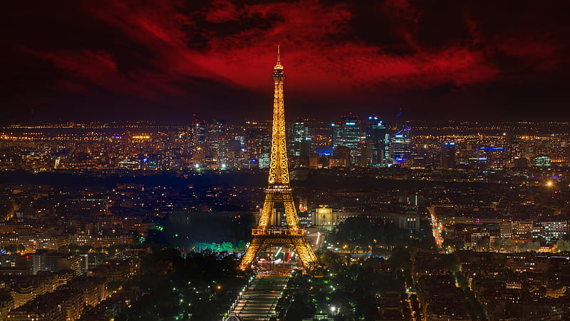 Eiffel Tower With Yellow Lighting And Paris City With Red And Black Sky Background Travel, HD wallpaper
