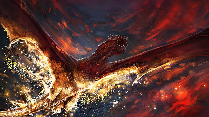 Fantasy Fiery Dragon Is Flying Above Dreamy, HD wallpaper